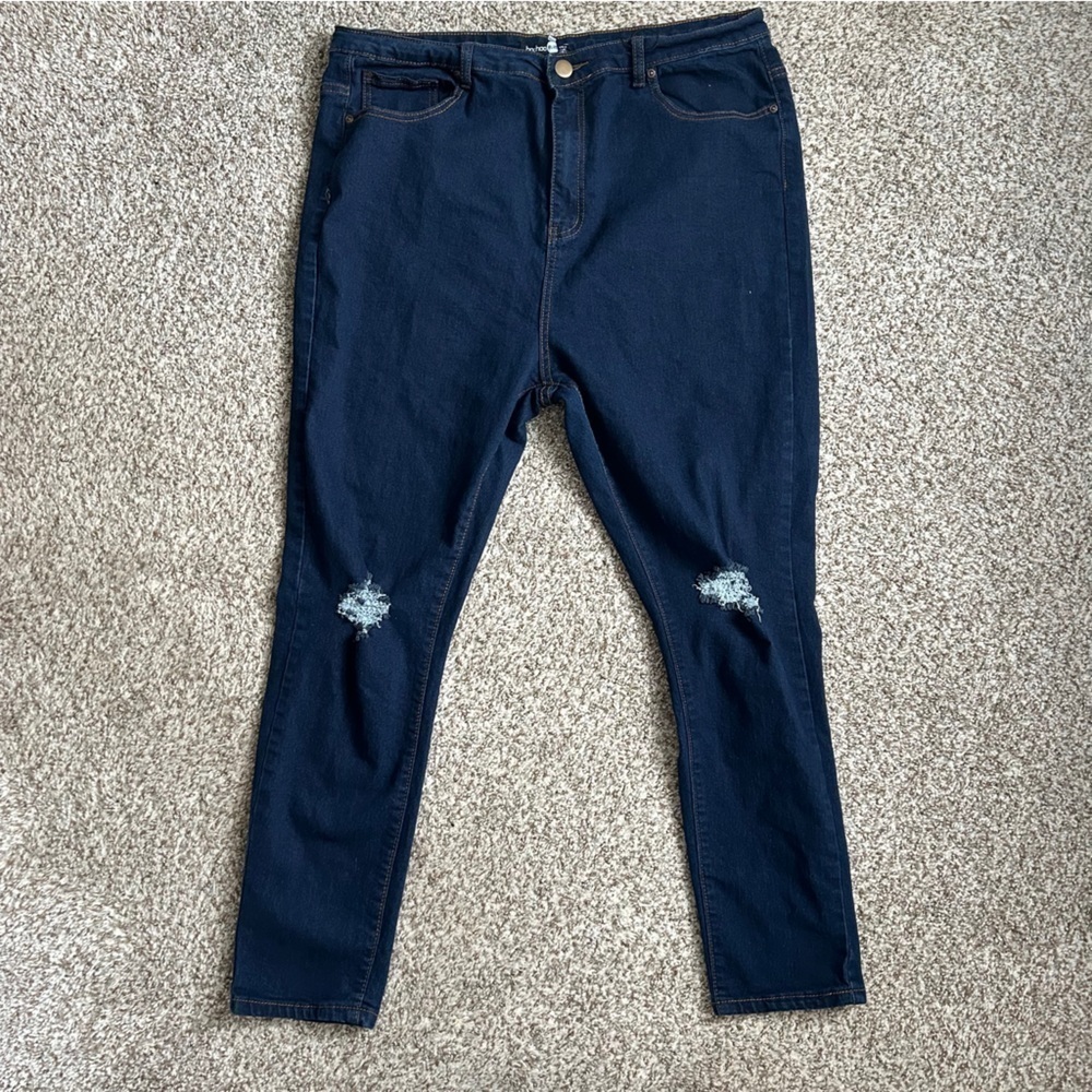 🦋 Boohoo Plus Dark Blue Denim High Rise Skinny Jeans Size 16 Casual Distressed